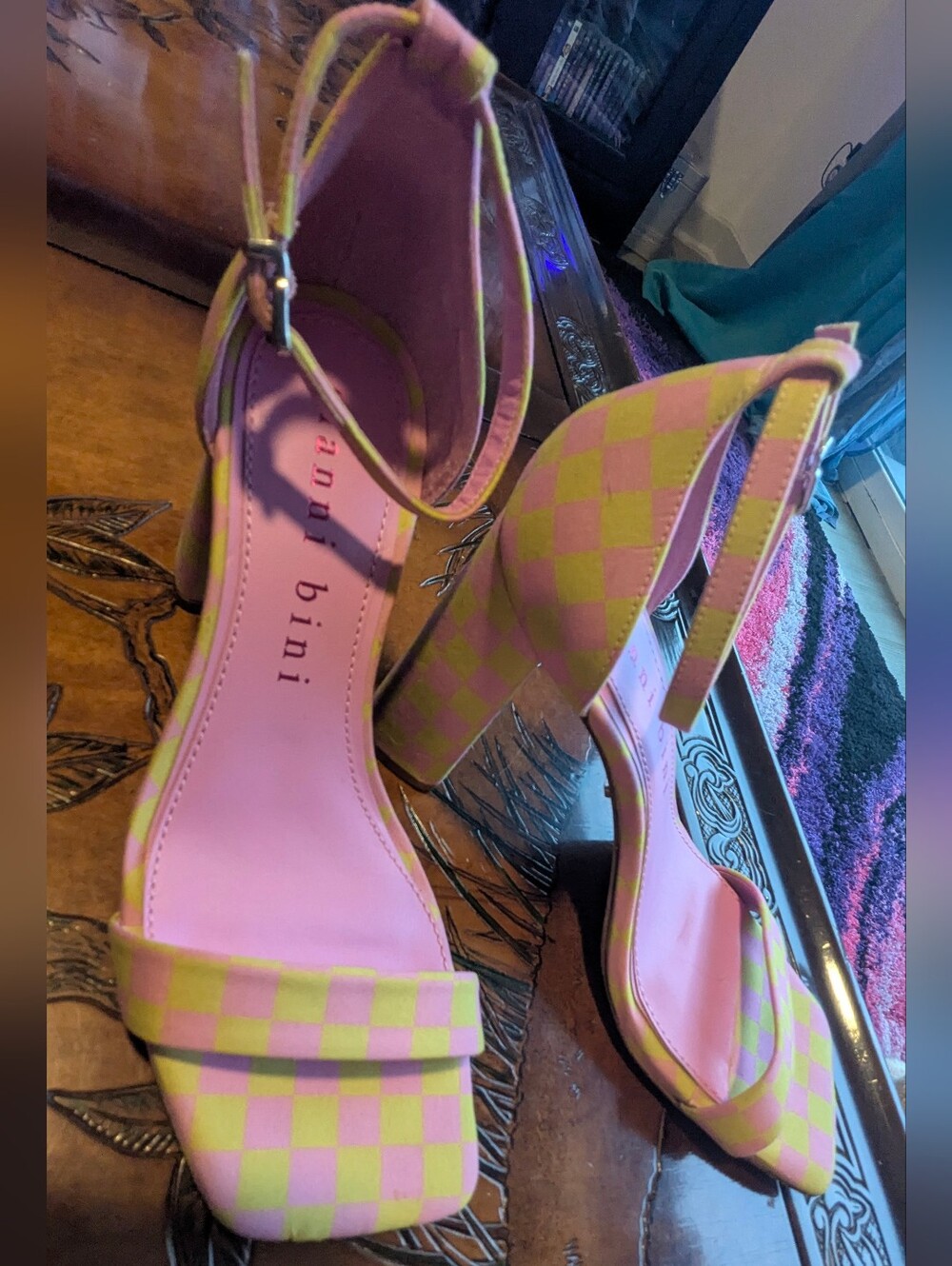 Gianni Bini Pink & Lime Check Block Heel Sandals - Picture 2 of 6